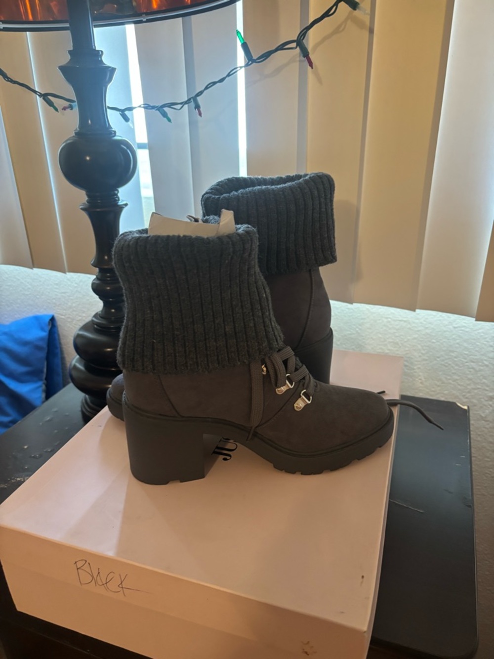 Shoe Dazzle Women's Lace-Up Knit Cuff Ankle Boots in Dark Gray